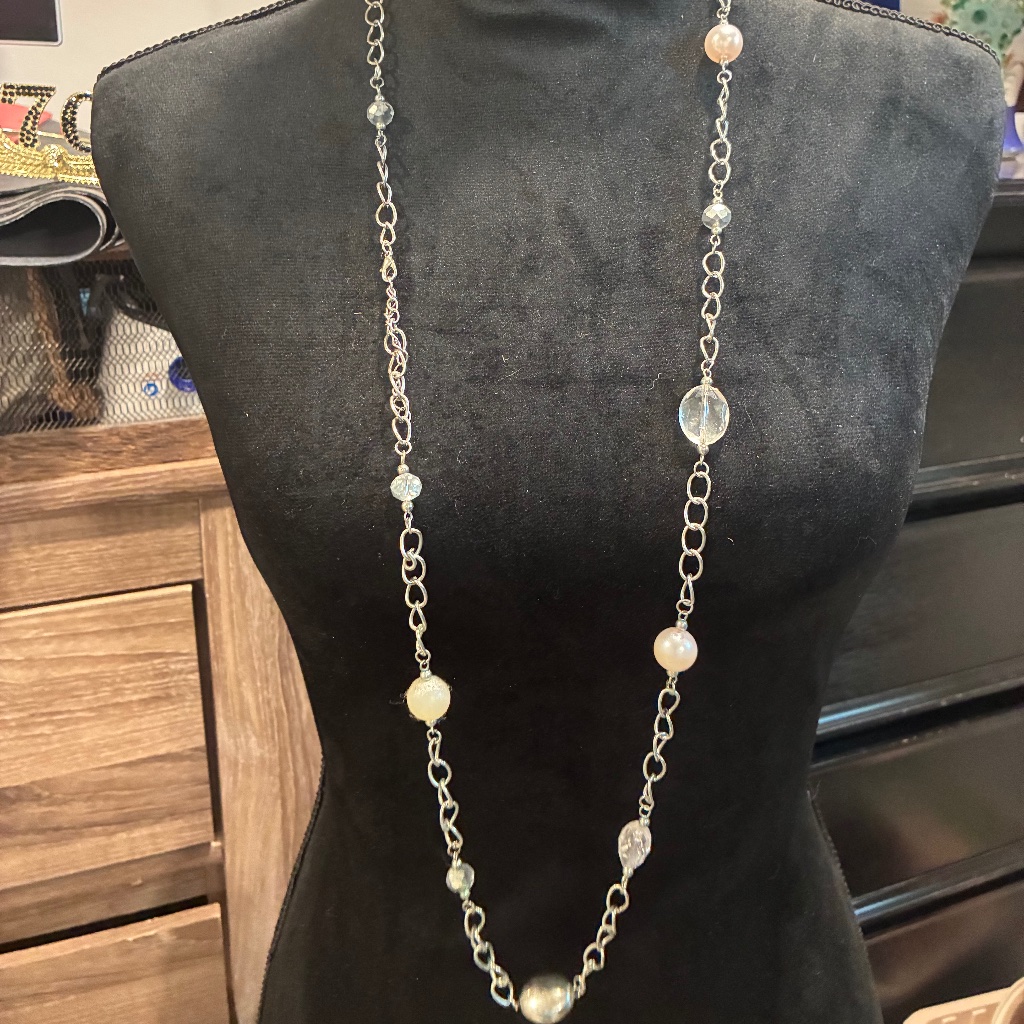 Long Silver Toned Beaded Necklace 15$